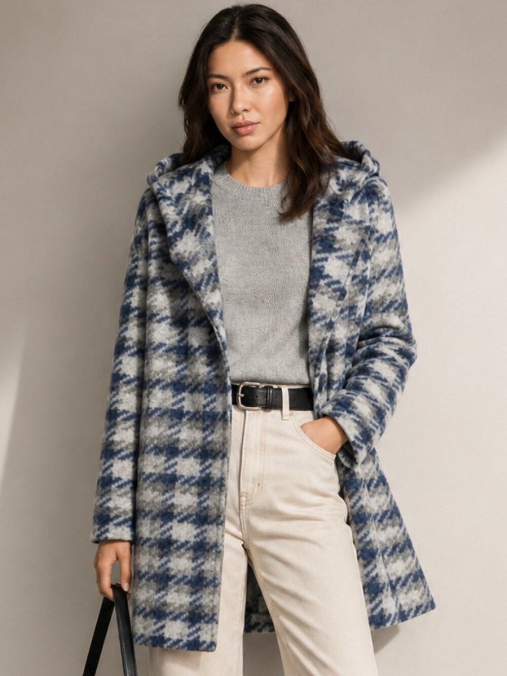 Soia & Kyo  Kym Wool Blend Check Plaid Zip Jacket Hooded Coat Sz Medium
